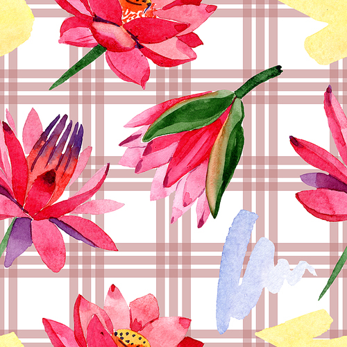 Red lotus. Floral botanical flower. Watercolor background illustration set. Seamless background pattern. Fabric wallpaper print texture.