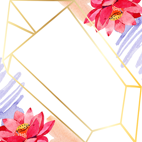 Red lotus. Floral botanical flower. Watercolor background illustration set. Frame border golden crystal. Hand drawn in aquarell. Geometric polygon mosaic shape.