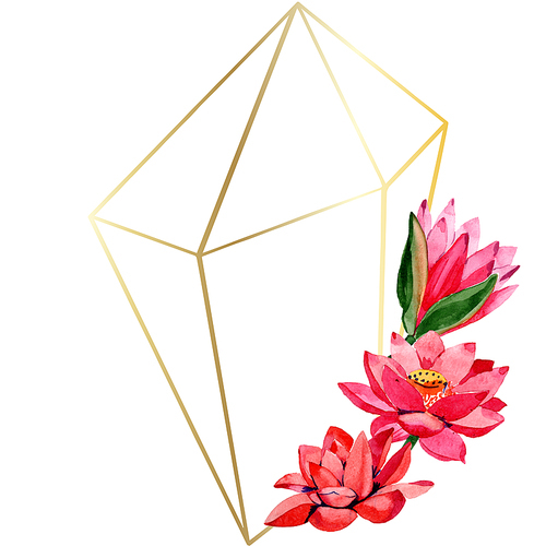Red lotus. Floral botanical flower. Watercolor background illustration set. Frame border golden crystal. Hand drawn in aquarell. Geometric polygon mosaic shape.