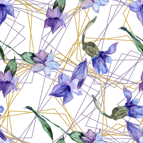 Purple lavender. Floral botanical flower. Watercolor seamless background pattern. Fabric wallpaper print texture. Gold crystal stone polyhedron mosaic shape amethyst gem.