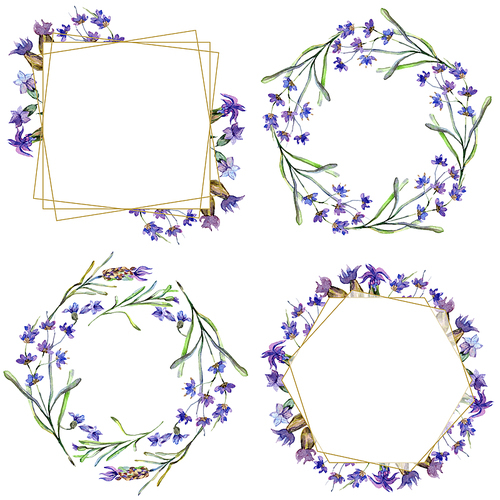 Purple lavender. Floral botanical flower. Wild spring leaf. Watercolor background illustration set. Frame border ornament square, round, wreath and gold crystal.