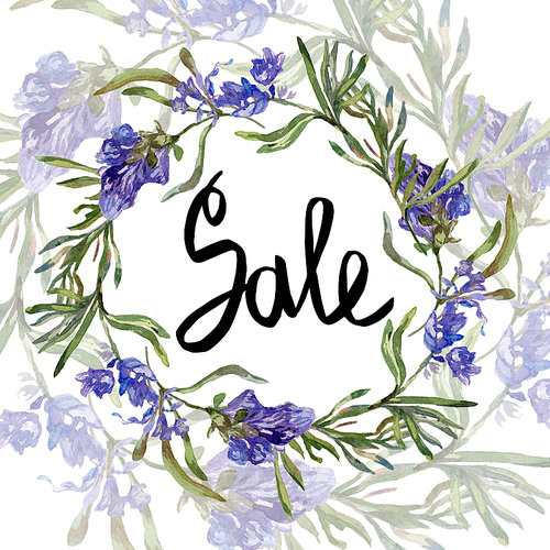 Purple lavender. Sale handwriting monogram calligraphy. Wild spring leaf. Watercolor background illustration set. Round frame border.