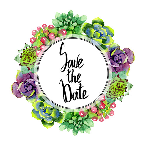 Amazing succulent. Save the Date handwriting monogram calligraphy. Floral botanical flower. Watercolor background illustration set. Frame border ornament wreath. Aquarelle hand drawing succulent.