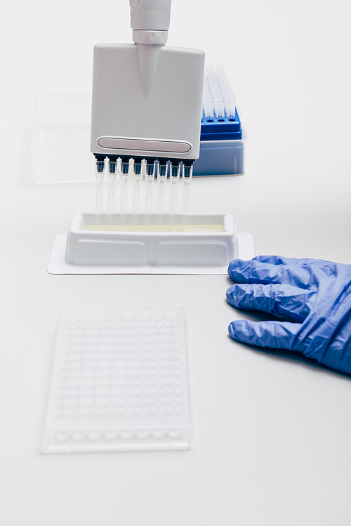 cropped image of scientist using multichannel pipette at working table with flasks in biotechnology laboratory