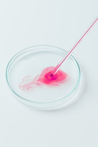 close-up shot of pink liquid pouring from pipette into petri dish