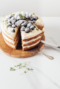 close-up shot of freshly baked sliced blackberry cake on wooden cutting board with cake server