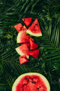 top view of sweet red watermelon on palm leaves