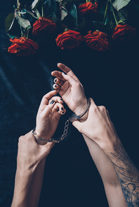 cropped shot of man holding female hands in handcuffs above black fabric with red roses