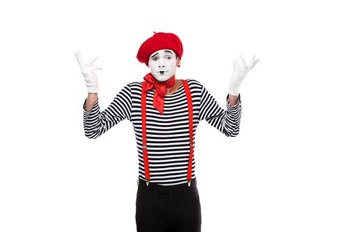 mime showing shrug gesture isolated on white