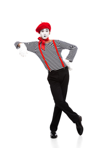 mime pretending leaning on something isolated on white