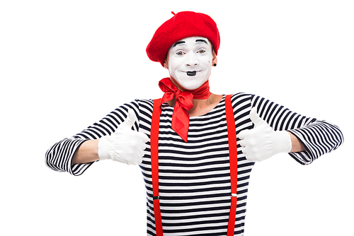 happy mime showing thumbs up isolated on white