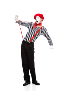 shocked mime looking at red suspenders isolated on white