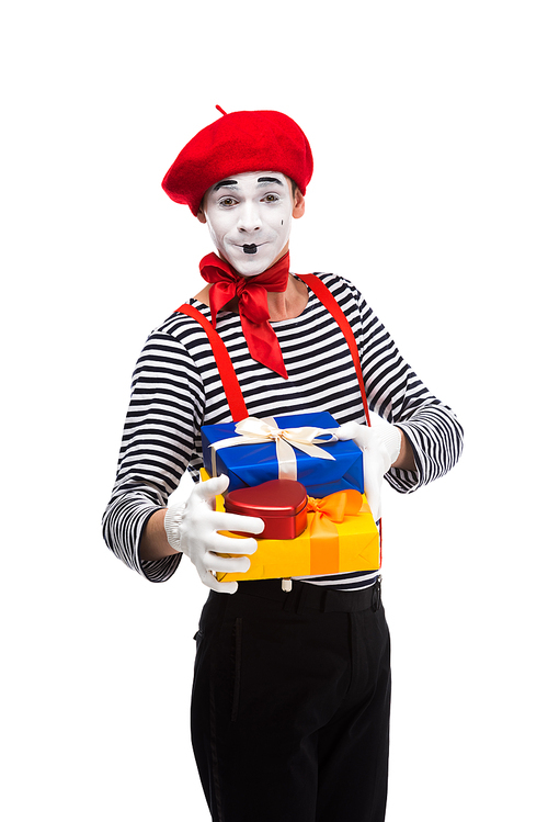 happy mime holding gift boxes isolated on white