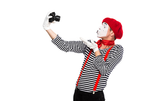 mime taking selfie with film camera and sending  isolated on white