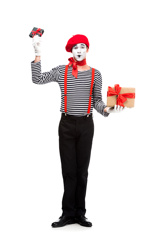 mime holding present boxes isolated on white