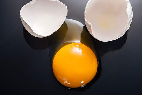 close up of raw smashed egg with yolk, protein and eggshell on black background