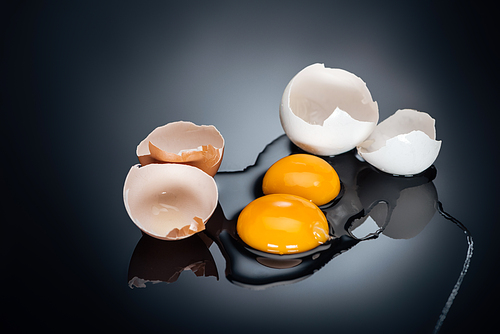 raw smashed chicken eggs with yolks, proteins and eggshell on black background