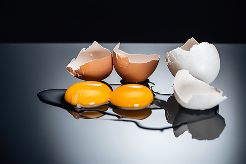 raw smashed chicken eggs with yolks, proteins and eggshell isolated on black