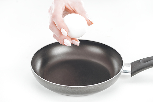 cropped view of woman holding chicken egg near pan on white background