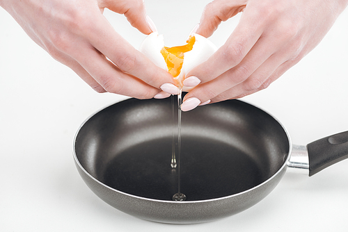 partial view of woman smashing egg with hands into pan on white background