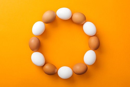 top view of whole white and brown organic chicken eggs arranged in round frame on bright orange background with copy space