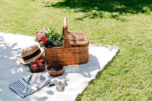 wicker basket with roses and bottle of wine on white blanket near straw hat, cutlery on napkin and berries at sunny day in garden