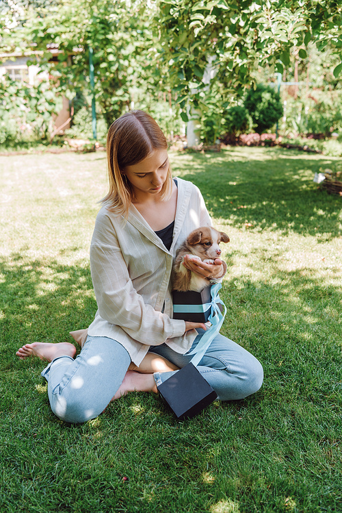 blonde barefoot girl sitting in green garden with cute puppy in gift box