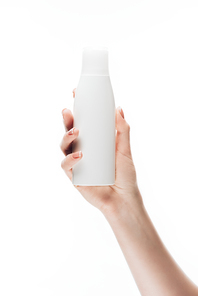 cropped shot of woman holding blank bottle of lotion isolated on white