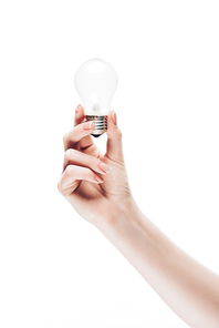 cropped shot of woman holding light bulb isolated on white