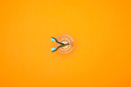 top view of two toothbrushes in cup| isolated on orange