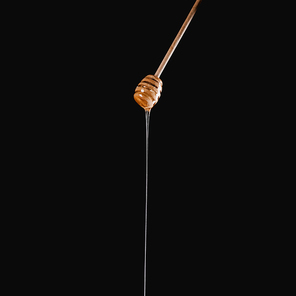 appetizing honey dripping from honey stick isolated on black