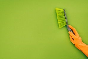 cropped image of woman holding cleaning brush isolated on green