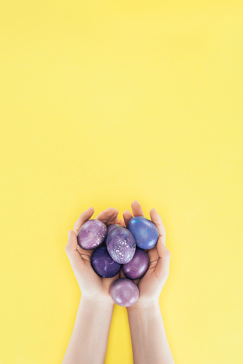 cropped view of woman holding purple easter eggs in hands| isolated on yellow