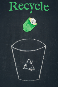 beer can falling into drawn trash bin with recycle sign on chalkboard