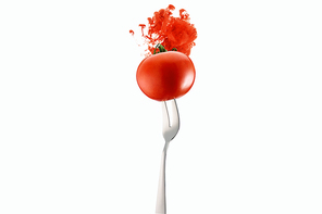 tomato on fork and red ink isolated on white