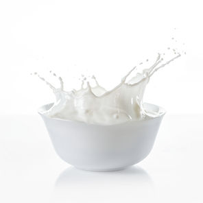 Milk in white bowl with drops on white background