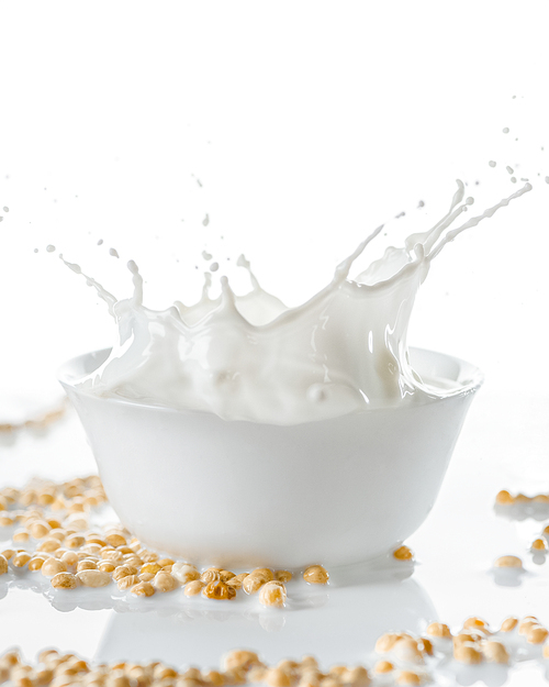 Milk splashing in white bowl with soybeans on white background