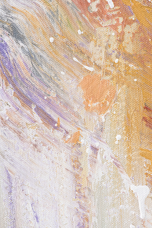 close up of oil painting with white splatters on purple and orange texture