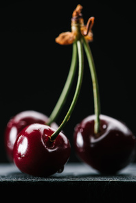 close-up view of ripe organic cherries with water drops on black