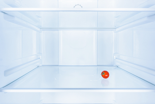 one small red tomato in fridge