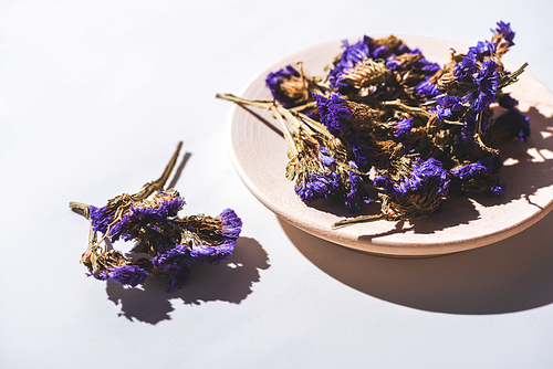 dried pea flowers on plate and white tabletop