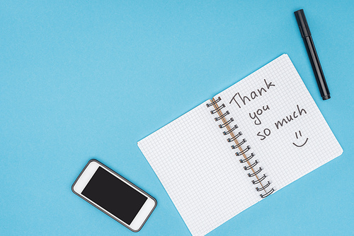 smartphone, pen and notebook with thank you so much lettering isolated on blue background