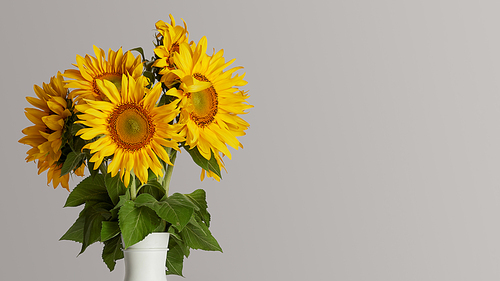 bouquet of beautiful yellow sunflowers in vase, isolated on grey