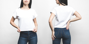 front and back view of young woman in blank t-shirt isolated on white