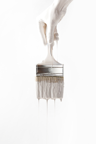 cropped image of woman holding brush in white paint isolated on white