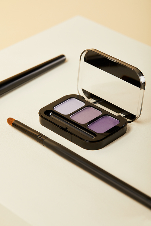 close-up shot of purple eyeshadows case with brush on beige
