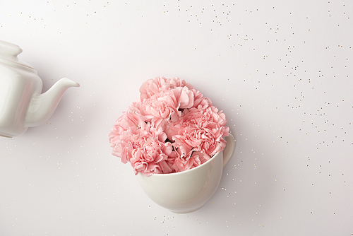 pink carnation flowers in cup and white kettle isolated on grey