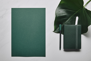 Green stationery set and monstera leaf on white marble background