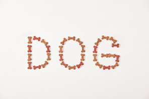 top view of lettering dog made by pet food on white surface