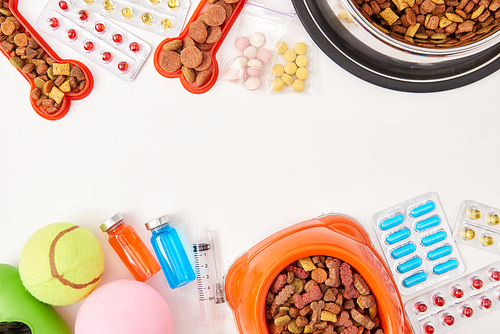 elevated view of various pills| bowls with dog food and balls on white surface